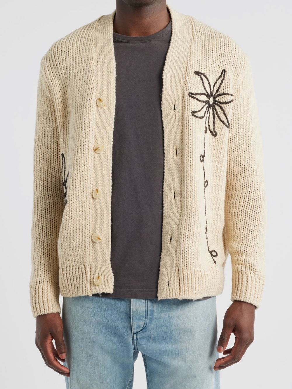 A.P.C. Cream Knit Cardigan with Black Floral Appliqué
